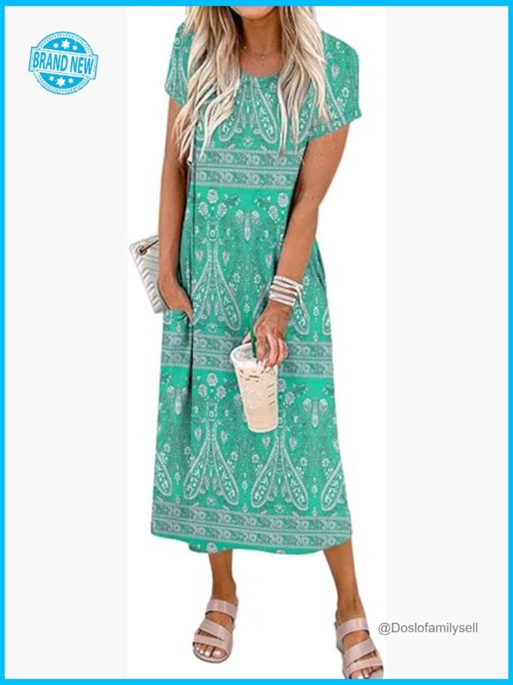 Maxi Dress Short Sleeve Crewneck Split Wrinkle-Free Travel Summer Casual Beach
